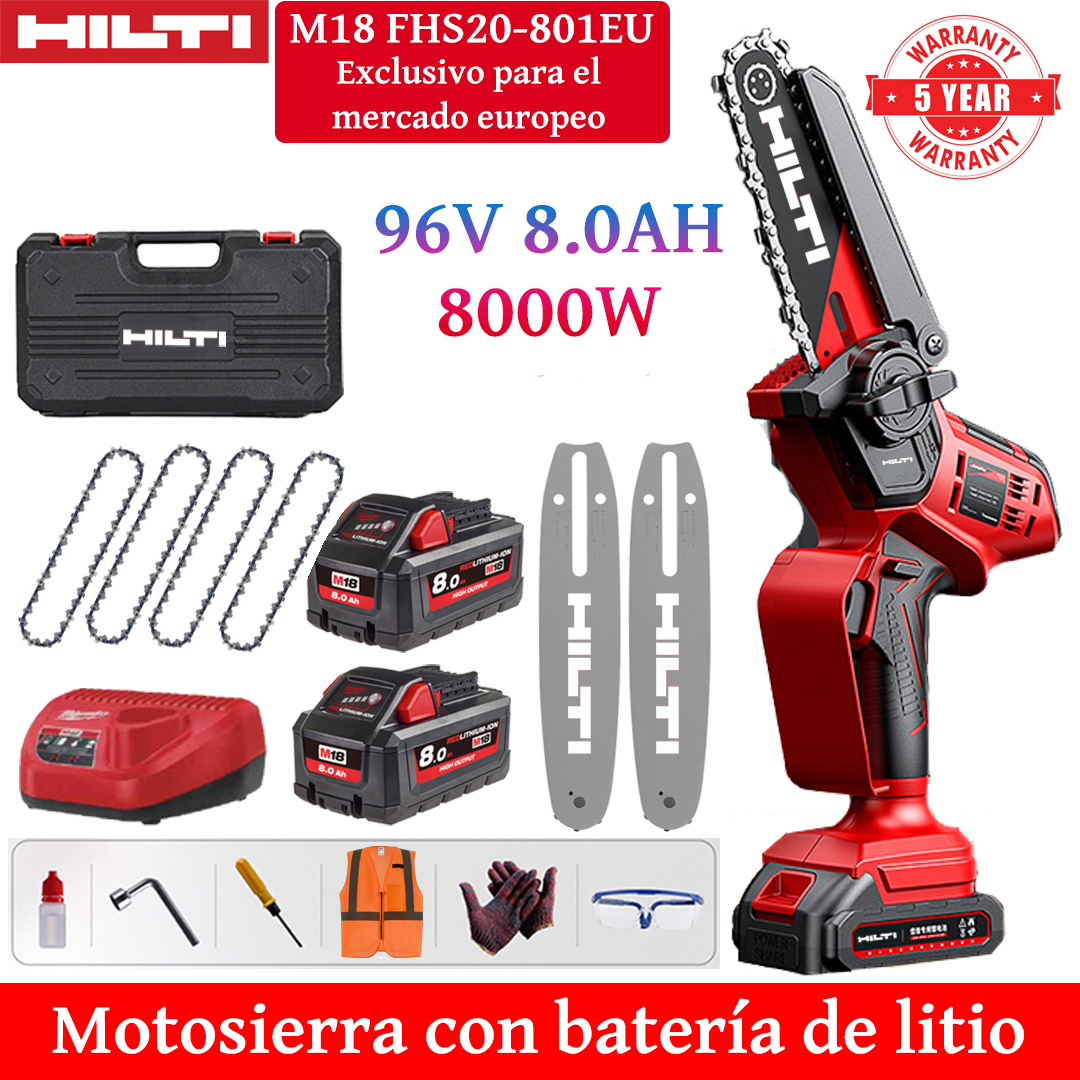 Motosierra eléctrica de litio de 8 pulgadas con potencia de 8000W, equipada con batería de 96V 8.0Ah*2, cargador, placa guía*2, cadena*4, caja de herramientas, aceite lubricante y vasos