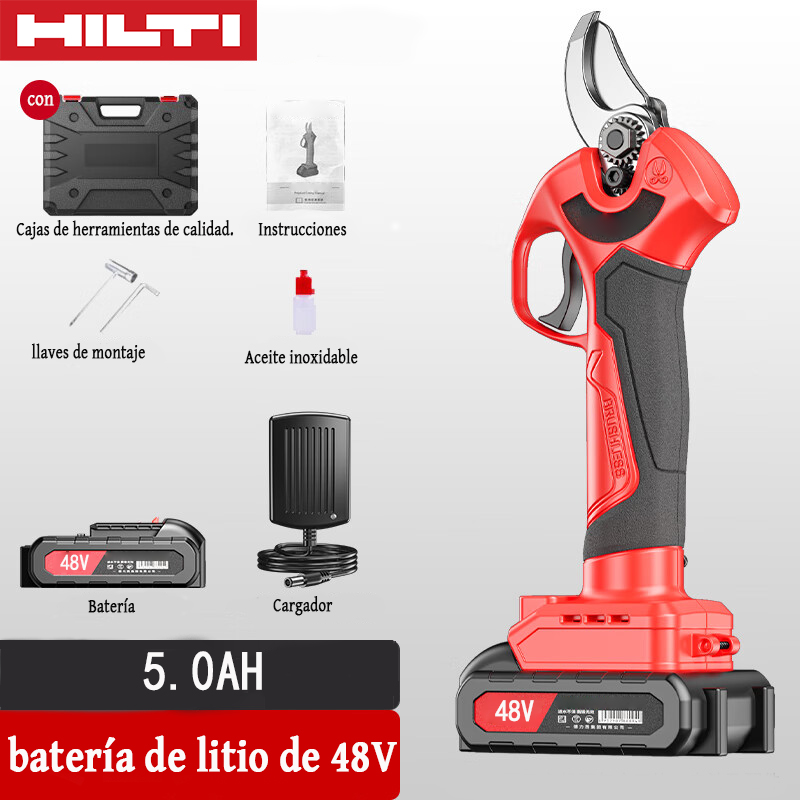 Tijeras de jardín inalámbricas de litio de 2000 W, batería de 48 V y 5 Ah, 1 cargador, 2 cuchillas dinámicas, 2 cuchillas estáticas, caja de herramientas, lubricante y gafas