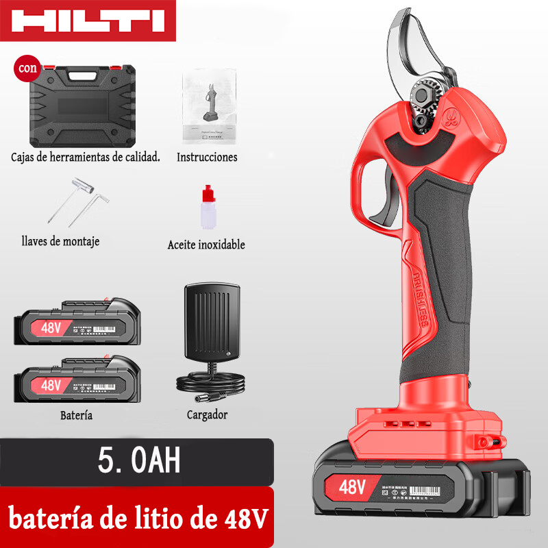 Tijeras de jardín inalámbricas de litio de 3000 W, batería de 48 V y 5,0 Ah*2, cargador, cuchilla dinámica*4, cuchilla estática*4, caja de herramientas, lubricante, gafas