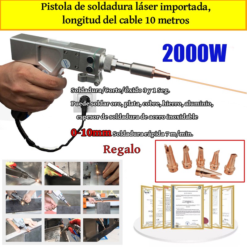 Pistola láser multifunción de 2000 W (oro/plata/cobre/hierro/aluminio/acero inoxidable) Espesor de soldadura 0-10 mm (soldadura/corte dos en uno)